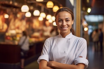 Obraz premium Medium shot portrait photography of a grinning girl in her 30s cooking against a bustling casino background. With generative AI technology