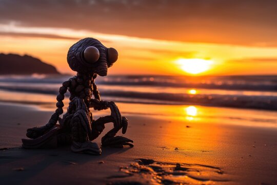 alien enjoying a warm sunset on the beach, with waves rolling in, created with generative ai
