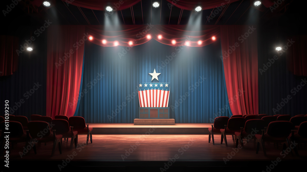 Poster a stage with red curtains and a podium with a star on it. generative ai.