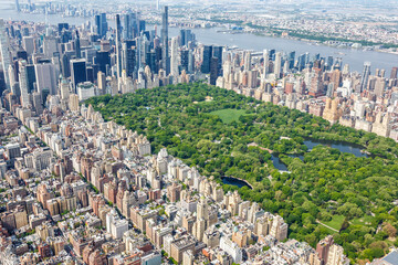 New York City skyline skyscraper of Manhattan real estate with Central Park aerial view in the...