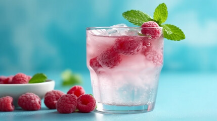iced raspberry cocktail with mint - Generative AI