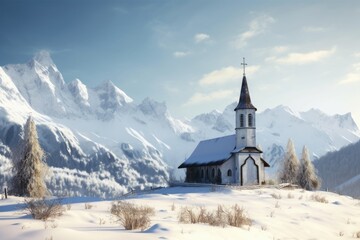 Fototapeta na wymiar winter scene with snow-covered chapel and mountains in the background, created with generative ai