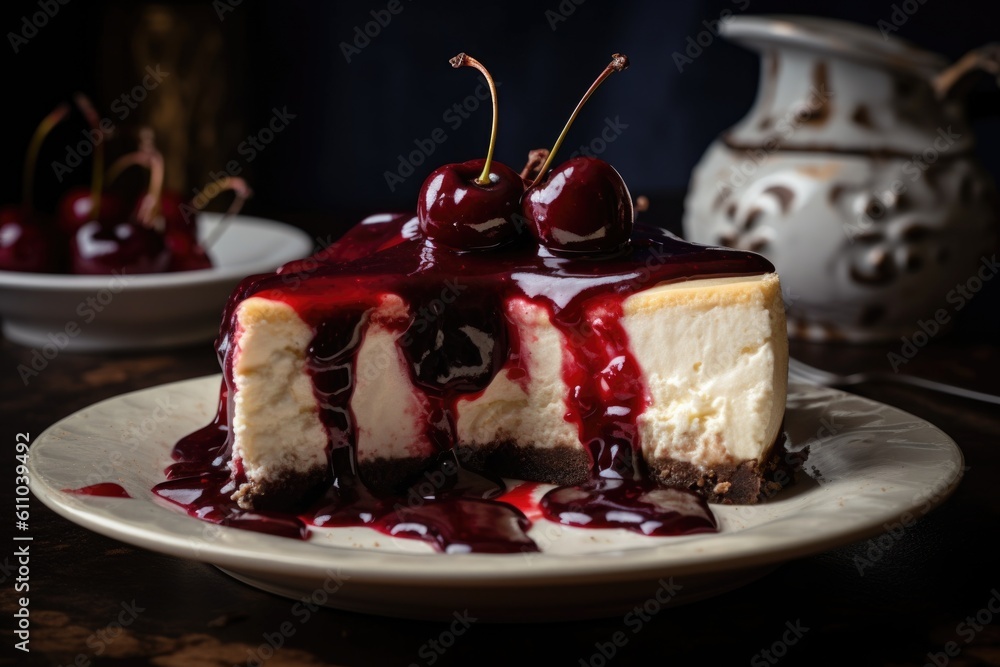 Poster indulgent cheesecake with swirl of cherry or strawberry sauce, created with generative ai