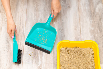 woman sweeping dry litter from a cat litter box with a brush. c