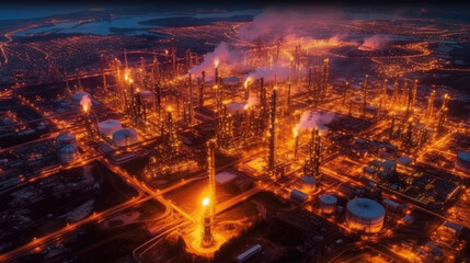 Aerial view of Oil and gas industry - refinery, Shot from drone of Oil refinery and Petrochemical plant at twilight, Generative AI