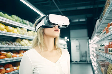 Woman with virtual reality glasses headset shopping at the supermarket. Female with 3D VR goggles. New modern technologies of integrated reality. Cyberspace and metaverse. Generative AI.