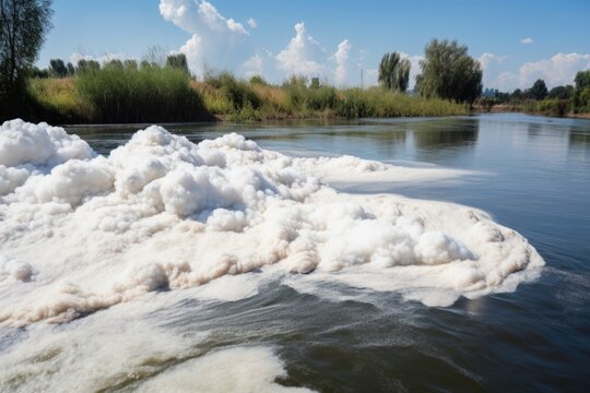 chemical waste spill into river causes toxic foam to float on the water, created with generative ai