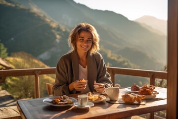 Medium shot portrait photography of a satisfied girl in her 30s having breakfast against a scenic mountain overlook background. With generative AI technology