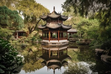 reflection of china pagoda in tranquil pond, surrounded by lush greenery, created with generative ai