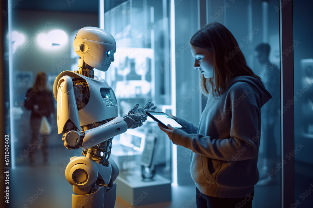 Poster a woman looking at a tablet computer next to a robot. generative ai.