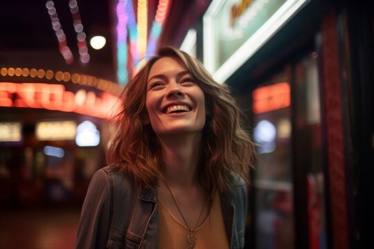 Lifestyle portrait photography of a satisfied girl in her 30s walking against a lively comedy club background. With generative AI technology