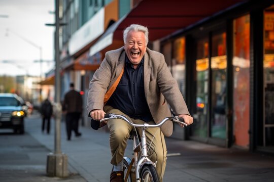 Full-length portrait photography of a joyful mature man riding a bike against a lively comedy club background. With generative AI technology