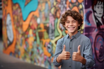 Conceptual portrait photography of a grinning mature boy with thumbs up against a vibrant street mural background. With generative AI technology