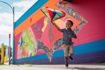 Environmental portrait photography of a satisfied mature boy flying a kite against a vibrant street mural background. With generative AI technology