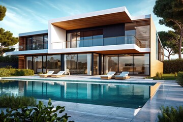 Modern house with pool, Hi-tech, luxury villa, real estate, home, property, exotic garden