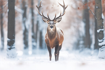 Fototapeta premium Deer in winter snow forest. Beautiful deer winter landscape. Generative AI