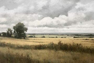 An oil painting of an English countryside view with a cloudy sky and muted green colour tone