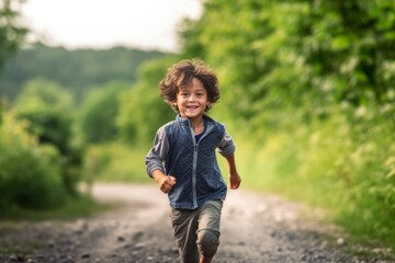 Fototapeta na wymiar Medium shot portrait photography of a glad kid male running against a serene nature trail background. With generative AI technology