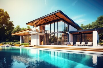 Modern house with pool, Hi-tech, luxury villa, real estate, home, property, exotic garden