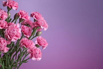 A bunch of pink carnations in a vase. Generative AI. Copy space, place for text, copyspace.