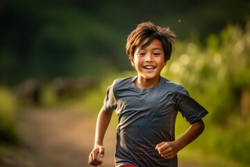 Medium shot portrait photography of a glad kid male running against a serene nature trail background. With generative AI technology