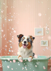 Cute Australian Shepherd dog in a small bathtub with soap foam and bubbles, cute pastel colors.