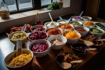 fusion taco bar, with different kinds of tacos, salsas and toppings available, created with generative ai - obrazy, fototapety, plakaty