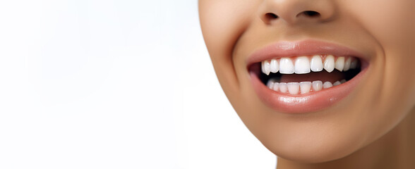 Obraz premium Beautiful young woman teeth close up with copy space on the left side. Generative ai
