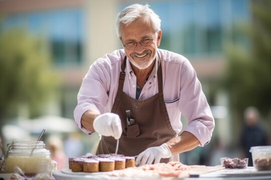 Lifestyle portrait photography of a satisfied mature man making a cake against a bustling university campus background. With generative AI technology