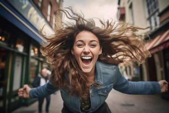 Close-up portrait photography of a glad girl in her 30s jumping against a lively pub background. With generative AI technology