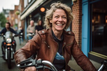 Fototapeta na wymiar Environmental portrait photography of a happy mature woman riding a bike against a lively pub background. With generative AI technology
