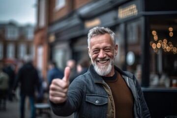 Obraz premium Medium shot portrait photography of a glad mature boy showing ok gesture against a lively pub background. With generative AI technology