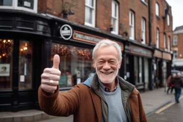Medium shot portrait photography of a glad mature boy showing ok gesture against a lively pub background. With generative AI technology