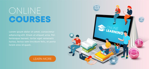 Concept of online education in modern design. Landing page template with people reading books while sitting on a laptop. Training courses, tutorials, lectures. Vector illustration for web banner
