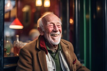 Fototapeta premium Medium shot portrait photography of a satisfied old man smiling against a lively pub background. With generative AI technology