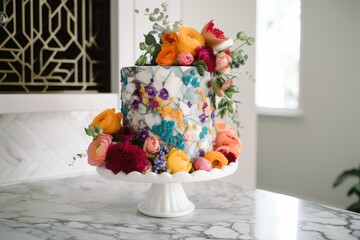 decorative cake on a marble stand, with pops of color, created with generative ai