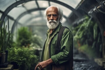 Obraz premium Medium shot portrait photography of a glad mature man growing plants in a greenhouse against a picturesque waterfall background. With generative AI technology