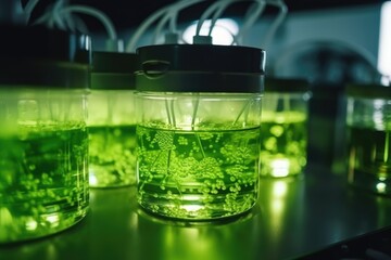 Algae, microalgae research in laboratories. biotechnology, science. Biofuel research process in laboratory. Generative AI