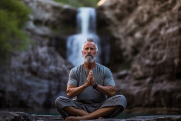 Lifestyle portrait photography of a satisfied mature man practicing yoga against a picturesque waterfall background. With generative AI technology