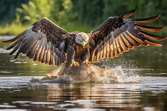 Eagle with Wide Wingspan Flying over Water - AI Generative
