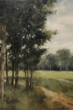 An oil painting of an English countryside view with a cloudy sky and muted green colour tone