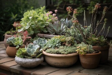 Fototapeta premium potted succulent garden, with different varieties of the plants arranged in various containers, created with generative ai