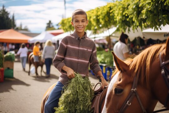 Full-length portrait photography of a grinning boy in his 30s riding a horse against a vibrant farmer's market background. With generative AI technology