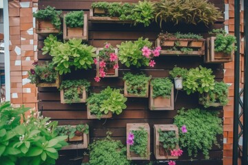 Fototapeta na wymiar step-by-step guide of how to build a vertical garden with hanging planters, created with generative ai