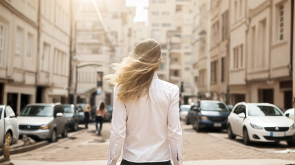 Fototapeta premium Backlit of a beautiful woman standing on a city street, created with generative AI technology