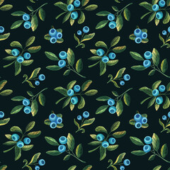 Seamless watercolor pattern with blueberry and leaves on dark background
