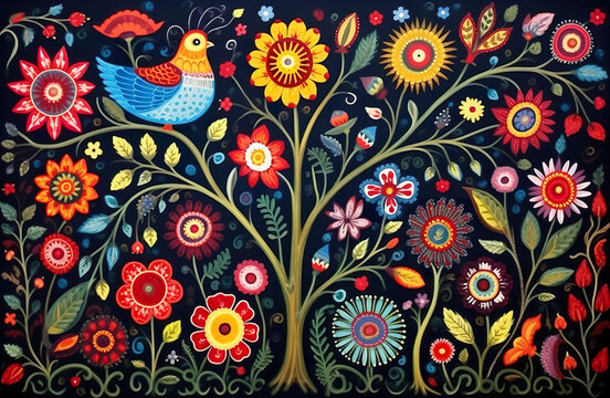 A painting of a tree with birds and flowers. Generative AI. Polish folk art.