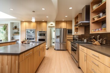 eco-friendly kitchen with bamboo cabinets, energy-efficient appliances, and eco-friendly cookware, created with generative ai