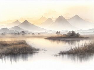 Elegant watercolor illustration landscape of wetland and mountain, created with generative AI technology