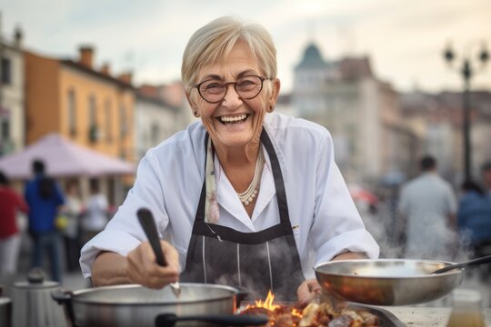 Conceptual portrait photography of a happy mature woman cooking against a bustling city square background. With generative AI technology